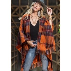 Rhea‎ Plaid Fringe Poncho Cape Orange Green Blue Women's NWT